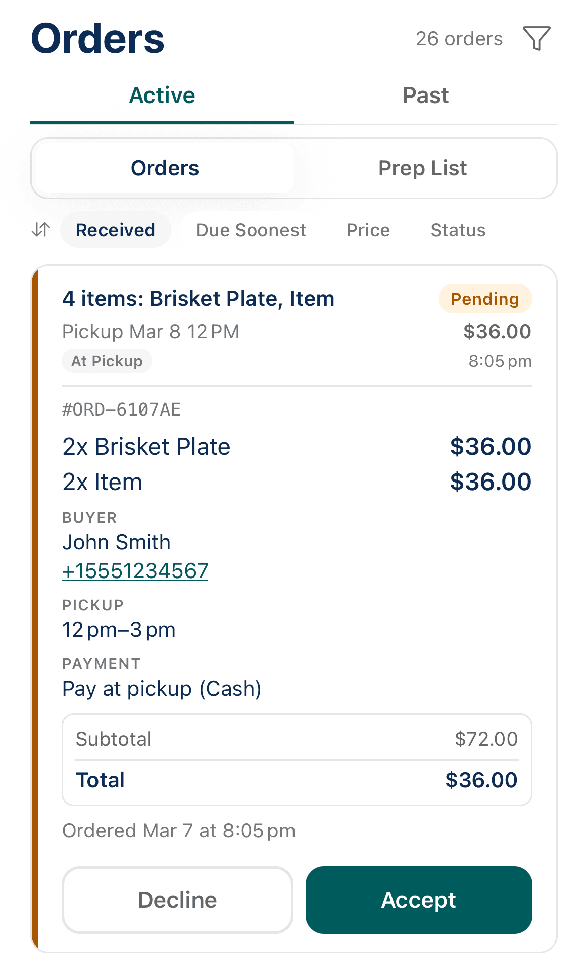 Order detail view with customer and item information